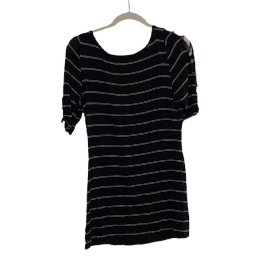 Black and Grey Stripped Bailey 44 Shirt. Size Large. Made in USA. Scooped Neck.